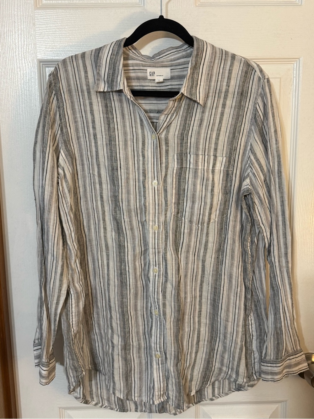 GAP 100% Linen Striped Boyfriend Button Down Shirt Long Sleeve Size L